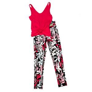 DKNY Floral Print 7/8 Length Leggings with Coordinated Pink Tank XS NWT